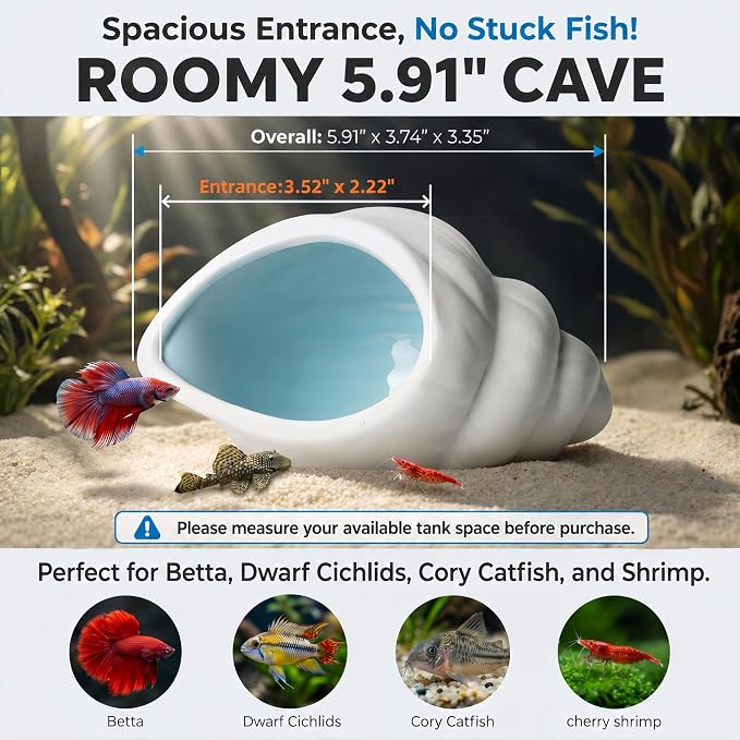 Ceramic Aquarium Cave, White Conch Shell Betta Fish Tank Decor | Smooth Glaze and Rounded Edges Create a Roomy Hideout for Betta Fish, Shrimp, Pleco and Dwarf Cichlids; 5.91 x 3.74 x 3.35 in