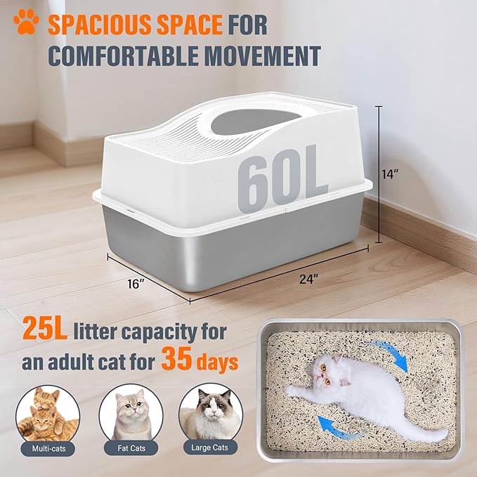 Top Entry Cat Litter Box with Lid, Stainless Steel Enclosed Cat Kitty Litterbox, Top Opening Large Enclosure Metal High Side Litter Pan Tray Box Dog Proof, Easy Cleaning, White