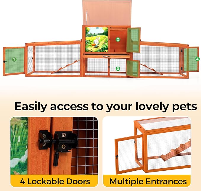 COZIWOW 82” Extra Large Fashion Wooden Outdoor Rabbit Hutch Bunny Cage Indoor Easy to Assemble and Durable with Cleaning Tray & Waterproof Roof for Small & Medium Bunny Rabbit Duck Chick (Orange)