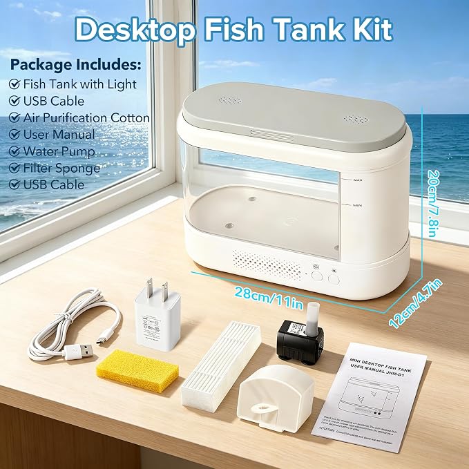 Betta Fish Tank White 1 Gallon Acrylic Small Aquarium Kit | with Water Filter Pump & LED Light,Quiet Living Room Desktop Fish Bowl for Small Fish,Plants and Shrimp
