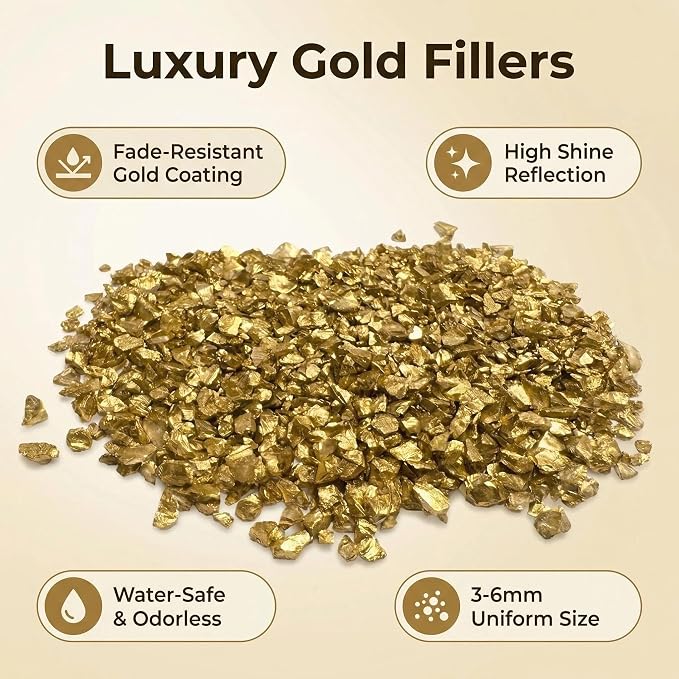 HappyFiller 0.81 LB Golden Nuggets Crushed Glass for Resin Art,Gold | Small Gravels Stones for Aquarium,Fish Tank Bottom Granule,Vase Filler Candle Holder Decor,Wedding Centerpieces Decoration