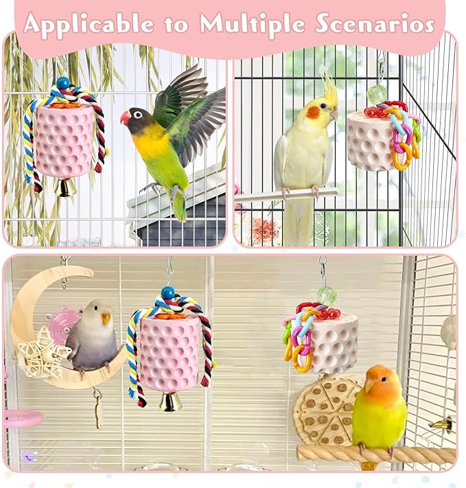 PINVNBY Bird Chewing Toys 2Pcs Bird Beak Grinding Stone Lava Calcium Block with Bell Hanging Parrot Chewing Toy Cage Accessories for Parakeets Conures Cockatiels Budgies Lovebirds