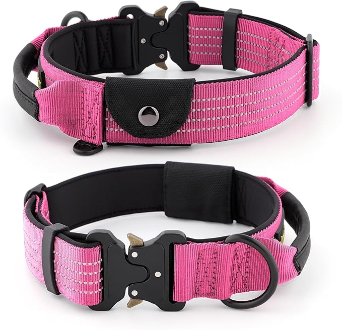 Plutus Pet Tactical Dog Collar with Tracker Pocket for AirTag, Adjustable Reflective Nylon Collar, Metal Buckle, Leather-Wrapped Handle, Soft Padded for Medium Large Dogs (Pink, M)