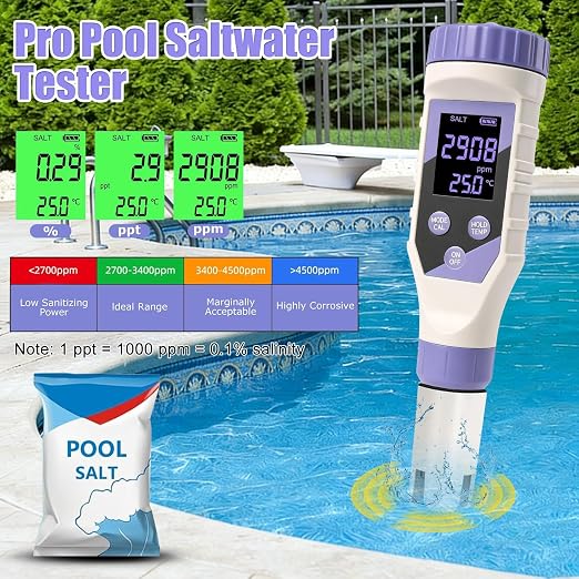7-in-1 Digital Pool Water Tester – Chlorine, pH,Salt,ORP, EC, TDS&Temp Meter for Saltwater Pools, Hot Tubs, Spas, Complete Digital Pool Chemical Tester for Safe&Healthy Swimming