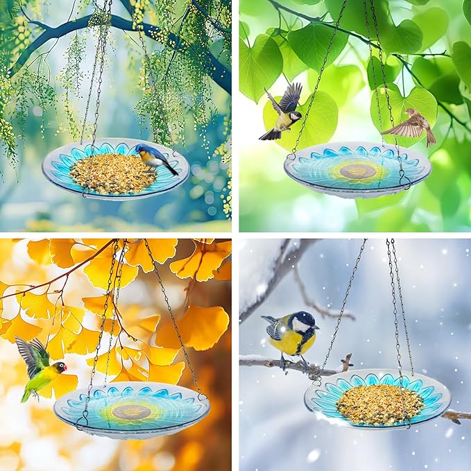 Hanging Bird Baths Outdoor Glass Birdbaths Garden Bird Feeder for Yard Lawn Decor Blue Flower