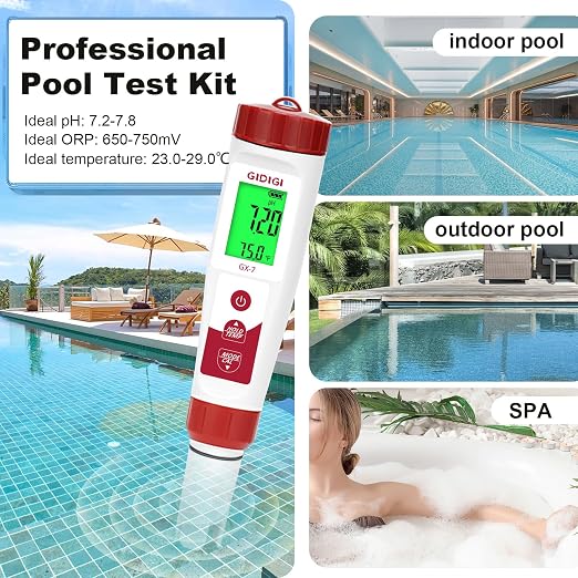 pH Meter Chlorine Tester Digital 7 in 1 Pool Water Tester Kit | Salinity Tester for Saltwater Aquarium, ORP Meter for Hydroponics Drinking Water, Pool Water Tester,pH Chlorine for Pool Spa