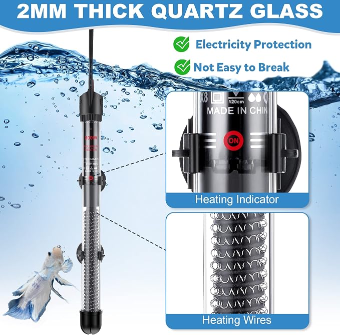 Dreyoo 2 Set 300W Submersible Aquarium Heater with 4 Thermometer Stickers | Adjustable Aquarium Fish Tank Heater with Suckers, Adjustable Knob Thermostat for Marine Saltwater and Freshwater