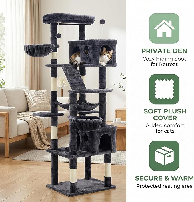 74" Heavy Duty Cat Tree for Indoor Cats, Sturdy Cat Tower for Large Cats Adult, Big Cat Tree with 6 Sisal Scratching Posts, 2 Big Condos, 2 Dual-Ear Hanging Baskets, Enlarged Top Perch, Dark Grey