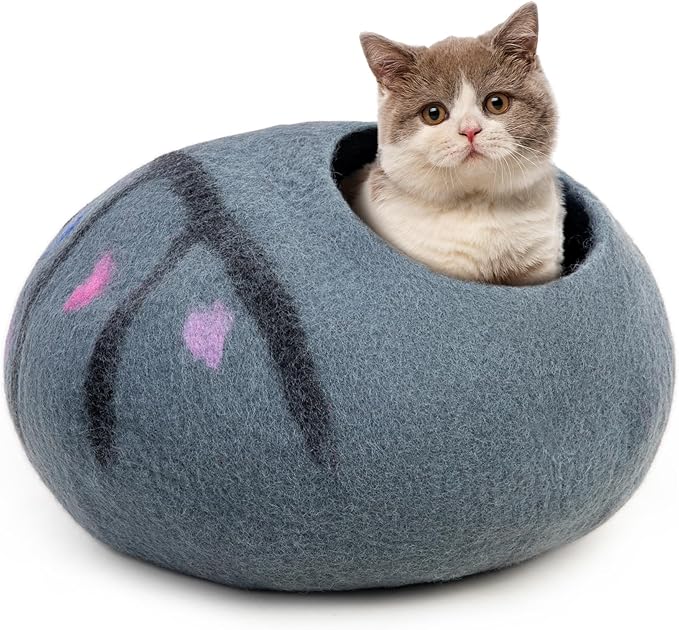 Woolygon Premium Felt Cat Cave Bed – Wool Kitty Beds Handcrafted Kitten Caves Bed for Indoor Cats - Made from Merino Wool, Foldable Cat Hideaway Covered Cat House Pod (Enchanted)