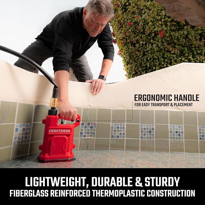 CRAFTSMAN 1/2 HP Fiberglass Reinforced Thermoplastic, Fully Submersible Water Utility Transfer Pump, Efficient Multi-Use Electric Pump, 15� Cord, Lay-Flat High Volume Hose, Camlock Fittings, 3000 GPH