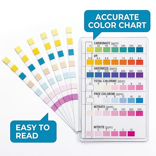 7-in-1 Pond & Fish Tank Test Strips - 50 Count | Fast 30s Water Test Kit for Carbonate, pH, Hardness, Chlorine, Nitrate, Nitrite | Freshwater & Saltwater Aquariums