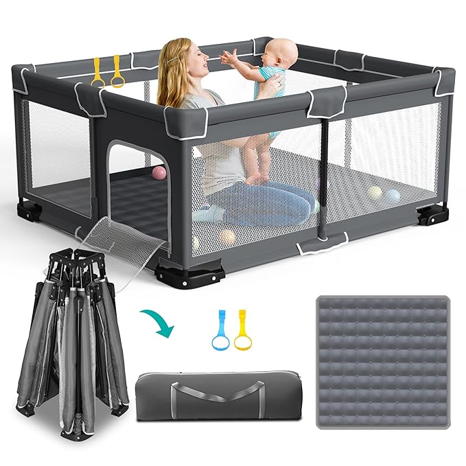 ICAREWAY Foldable Playpen for Babies and Toddlers, 59x71 Inches Portable Playpen, Kids Collapsible Play Pen with 2 Handlers, Indoor & Outdoor Baby Fence Play Area with Visible Mesh, Dark Gray