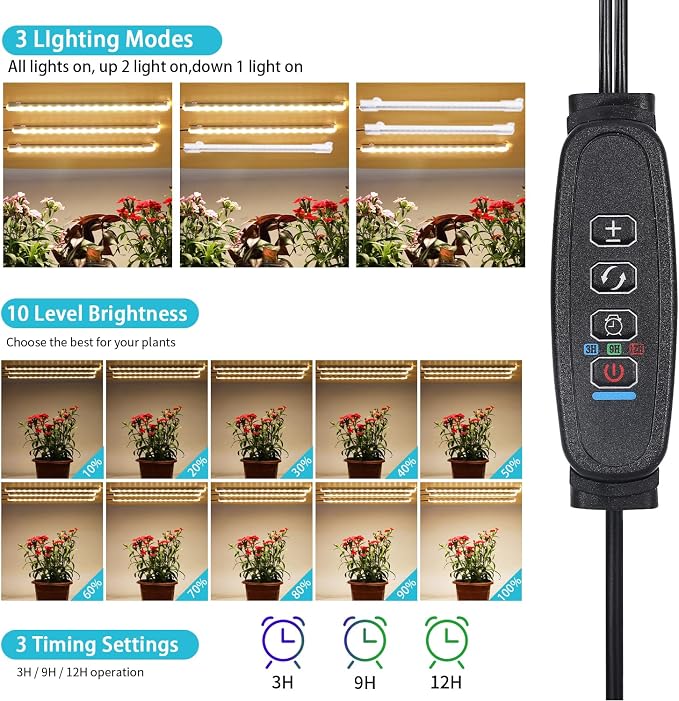 Hywyimlait LED Grow Light Strips, Grow Lamps for Indoor Plants Full Spectrum 3000K, 72 LEDs Plant Light with 3/9/12H Timer, 10 Dimmable Levels for Seedling Succulent, 3 Head 7.8 Inches