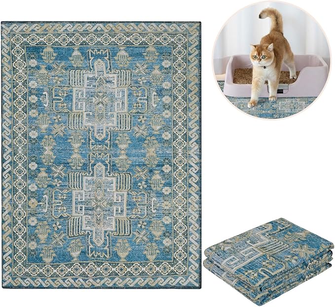Lovewag Pets Cat Litter Box Mats 2 Pack - Large 36x48 Machine Washable, Easy Clean, Non-Slip, Waterproof Mats for Indoor Cats - Kitty Litter Mess Control & Pet Urine Floor Protection - (Blue Mesa)