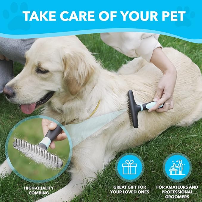 DOGI Deshedding Brush - Undercoat Rake for Dogs, Cats, Matted, Short, Long Hair Coats - Double Row Stainless Steel Pins - Reduce Shedding by 90% (Blue)