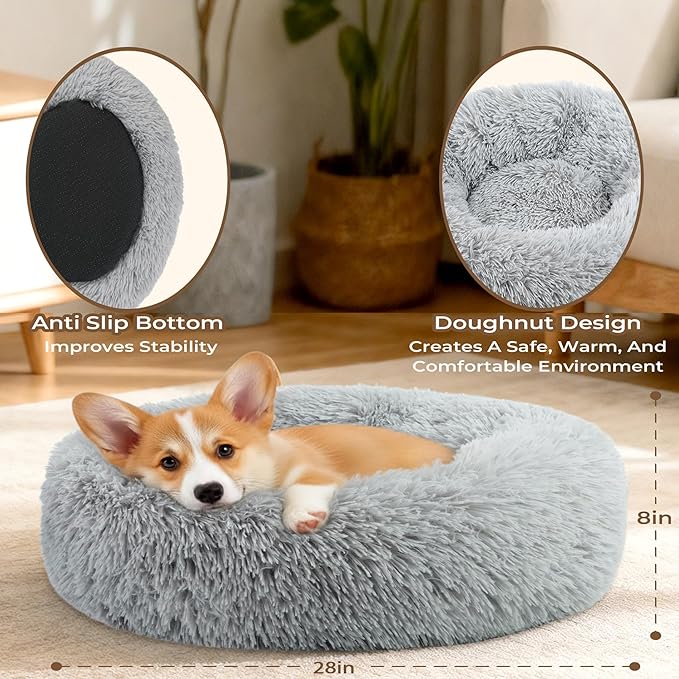Calming Large Donut Dog Bed, Round Soft Fluffy Plush Faux Fur Anti-Anxiety Washable Anti-Slip Pet Bed for Medium Size Dog and Cat 28in Gray
