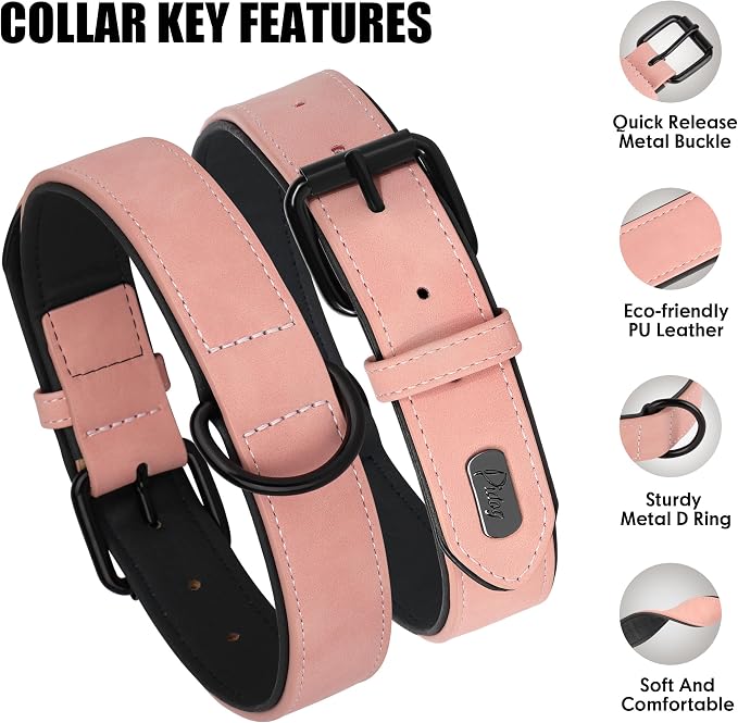 Didog Soft Padded PU Leather Dog Collar, Breathable and Adjustable Pink Dog Collars for Small Dogs, Comfortable for Daily Walk, Pink, M Fit Neck 11-14"(10-20 lbs)