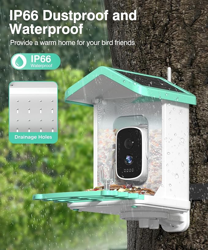 Smart Bird Feeder with Camera, Solar Powered Bird Feeder Camera for Outdoors, AI Bird Identification, Auto Capture & App Notification, Waterproof Bird House for Backyard Garden Present