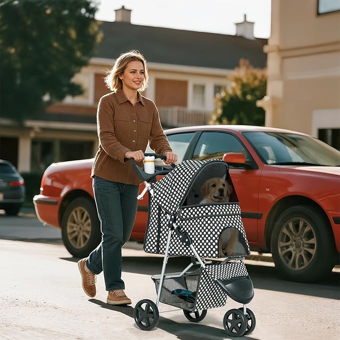 Pet Stroller for Small Dogs 10 lbs, Dog Stroller for Medium Dogs 30 lbs, Cat Strollers for 2 Cats, 3 Wheels Foldable Jogger Puppy Stroller with Storage Basket and Cup Holder, Black Polka Dots