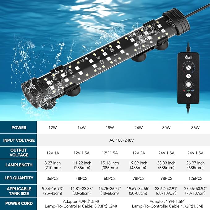 AQQA 8.27 Inch Submersible Aquarium Light, 24/7 Mode Fish Tank Light | 7 Adjustable Angles, 9 Color Options, 4 Rows Beads, Dimmable & Timer Control, IP68 Waterproof Full Spectrum Plant Light