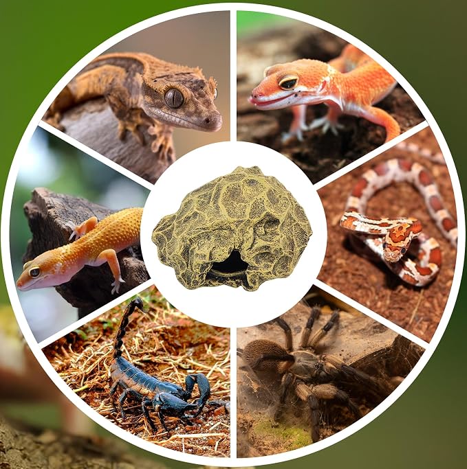 Small Hideout for Reptiles,Reptile Hide Cave Resin Gecko Habitat Decor 2 in 1 Multi-Functional Leopard Gecko Tank Accessories Hideout with Detachable Base as Food Bowl