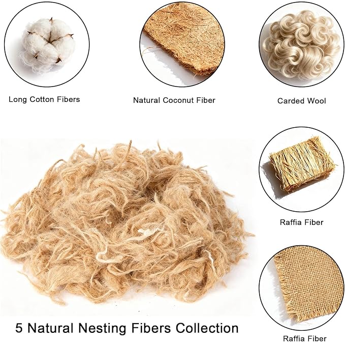 Natural Bird Nesting Materials, 4 Kinds Mixed Fibers (Jute, Hemp, Cotton, Grass), Professional Ratio Safe Nesting Pads for Budgies, Parrots, Finches, Canaries & Other Small Birds (100g/3.5oz)
