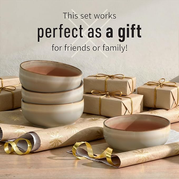 Ava Nord Stoneware Ceramic Cereal Bowls Set of 4, 21 oz | Lead-Free, Cadmium-Free | Microwave and Dishwasher Safe | For Soup, Salad, Rice, Dessert, Ice Cream | Nordic Design | Terracotta/Sage Ash