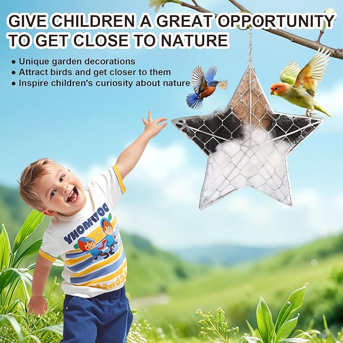 Handmade Fiber Bird's Nest Star Shape,Bird Nesting Material Holder,Spring Tree Shelter for Wild Bird,Garden Art Birdhouse,Include Bird Nesting Material,Suitable for Garden Decoration and Bird Nesting