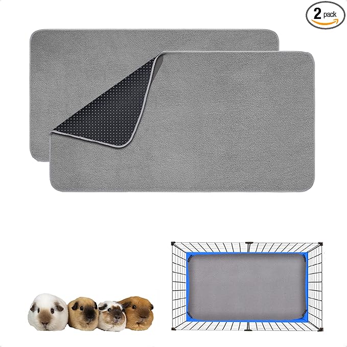 Guinea Pig Cage Liner, 2 Pack - Washable, Reusable, Leakproof Fleece Bedding Pads for Small Animals with Anti-Slip Bottom - for 15''x29'' Area, Gray