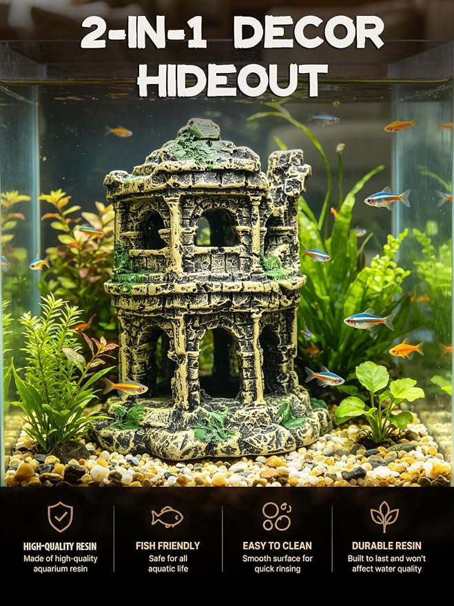 Fish Tank Decor - Antique Roman Column Ruin Decor for Aquarium, Hideout with European Castle Texture for Betta, Guppy, Shrimp - Safe Aquatic Decoration, Fish Hiding House（Cylinder）