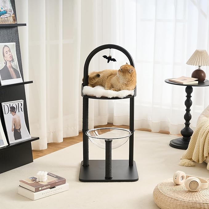 Modern Cat Tree, Wood Cat Tower with Steel Frame, Scratching Posts, Cat Capsule, Plush Mat, Bell Dangling Toy, Aesthetic Minimalist Heavy-Duty Cat Climbing Tree for Large Indoor Adult Cats-Black