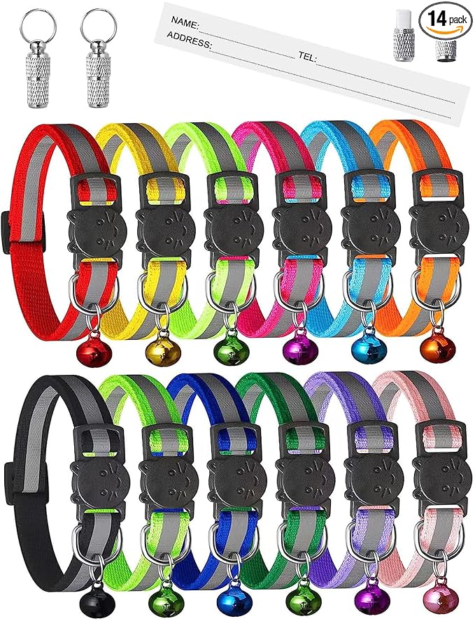 Extodry 14 Pack Set Kitten Collars Breakaway with Bells,Reflective Safety Cat Collar,Ideal for Puppy, Girl Boy Cats,with Name Tag,Adjustable for Small Animal,Pet Supplies(12 Colors & 2 ID Tags)