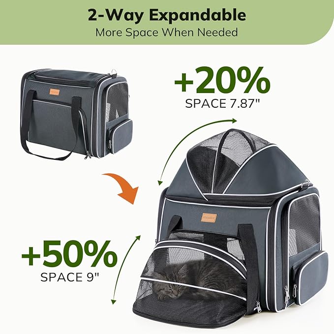 Morpilot Top and Side Expandable Cat Carrier, Collapsible Soft-Sided Pet Carrier for Medium/Large Cats and Puppies up to 20lbs for Car Rides and Vet Visits, with Dual-Sided Cushion& Bowl (Dark Gray)