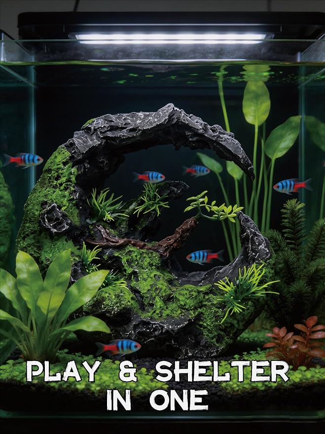 Aquarium Decor - Large Moon Shaped Cave Ornament for Fish Tank, Aquarium Hideout with Rock Texture for Betta, Guppy, Shrimp - Safe Aquatic Decoration,Fish Hiding House (Moon Valley)