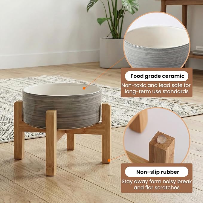 hjn Elevated Ceramic Dog Bowl with Bamboo Stand, Raised Pet Feeding Station for Small Medium Dogs Cats, Modern Design with Anti-Slip Base (White Gray, 3.6Cup)
