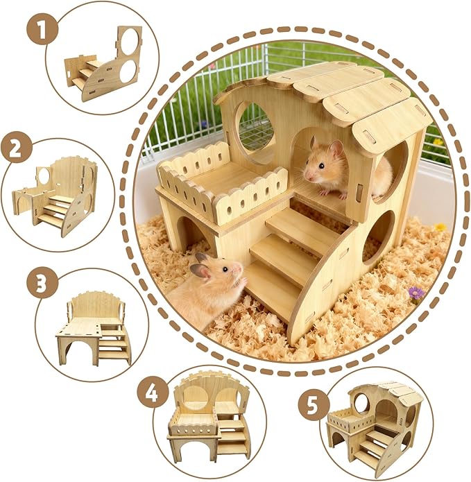 Wooden Hamster Hideout - Wood Hamster Hide House with Ladder Platform Small Pet Hut Habitat Detachable Hamsters Maze Cage Accessories for Dwarf Rat Gerbils Mouse and Other Tiny Animals