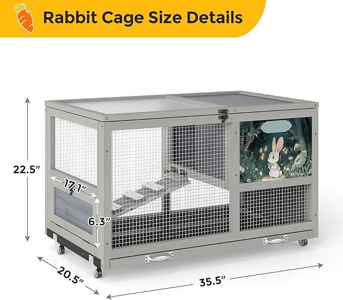 COZIWOW 36.5-Inch Double-Decker Wooden Rabbit Hutch with Wheels, Featuring A Cleaning Tray and Ladder—Stylish and Easy to Assemble（Grey and Pattern）