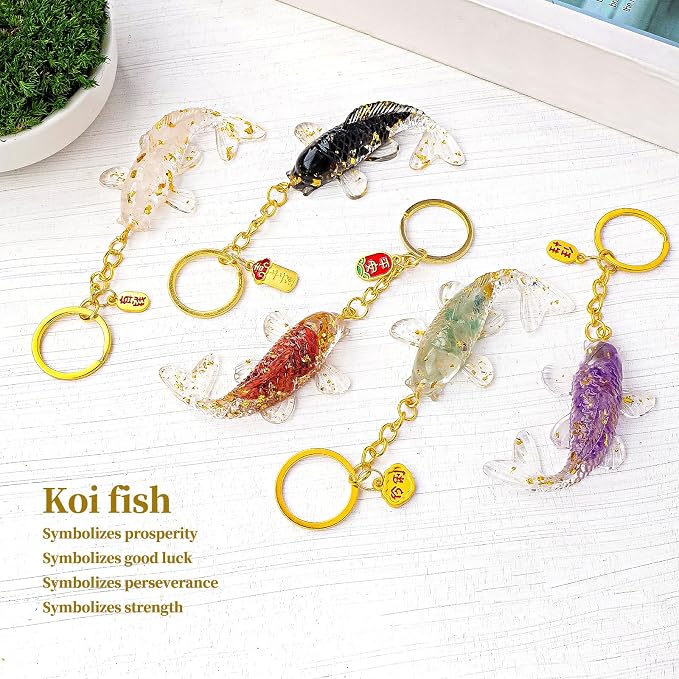 5 PCS Key Chain Natural Crystal Crushed Stone Resin Koi Fish Keychains Resin Handicrafts Car Bag Hangers Buckles Pendants Animal Gifts (5pcs-Fish, 1.37 ")