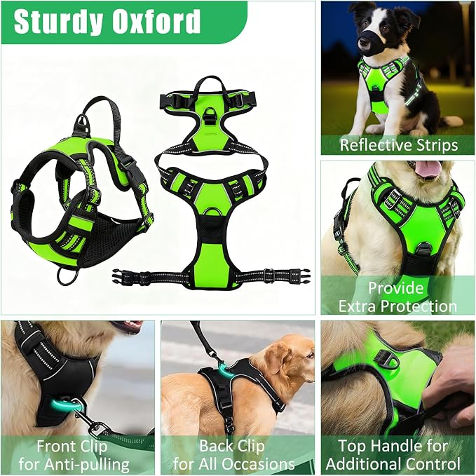 No Pull Dog Harness Adjustable Collar & Leash Set - Dog Halter Harnesses Collapsible Bowls & Poop Bag Dispenser Muzzle ID Tags Toys Fits Small Medium Large Dogs (Green-XL)