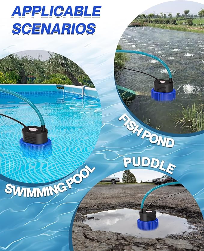Pool Cover Pump above Ground - Submersible Water Sump Pump Swimming Water Removal Pumps, with Drainage Hose & 25 Feet Extra Long Power Cord, 850 GPH inGround, 3 Adapters