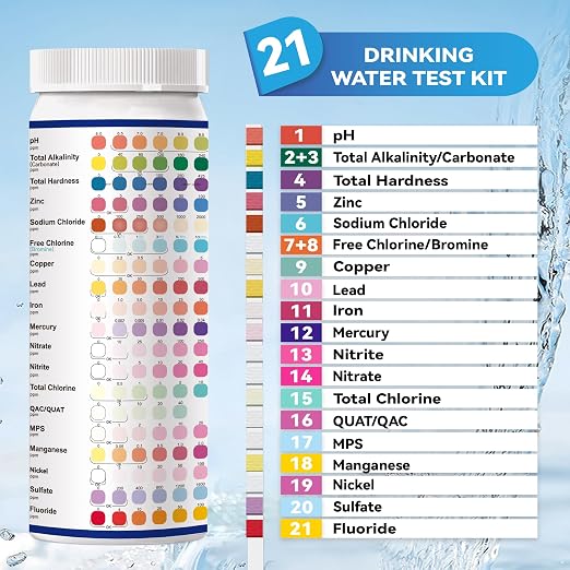 21-in-1 Drinking Water Test Strips, 125ct for Well & Tap | Manual,Works for pools&Aquarium,Tests Lead, Fluoride, Chlorine, Hardness, pH, Iron, Copper, Nickel, MPS & more