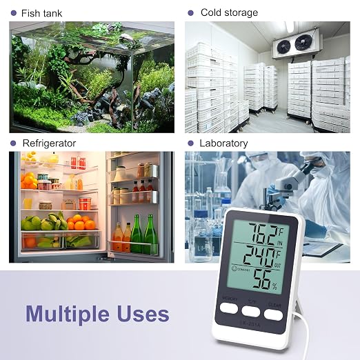 Refrigerator Thermometer with External Sensor, LCD Display Indoor Temperature and Humidity Gauge, Fridge and Freezer Thermometer, Max/Min Temperature in 24H, for Aquarium, Refrigerator, Freezer