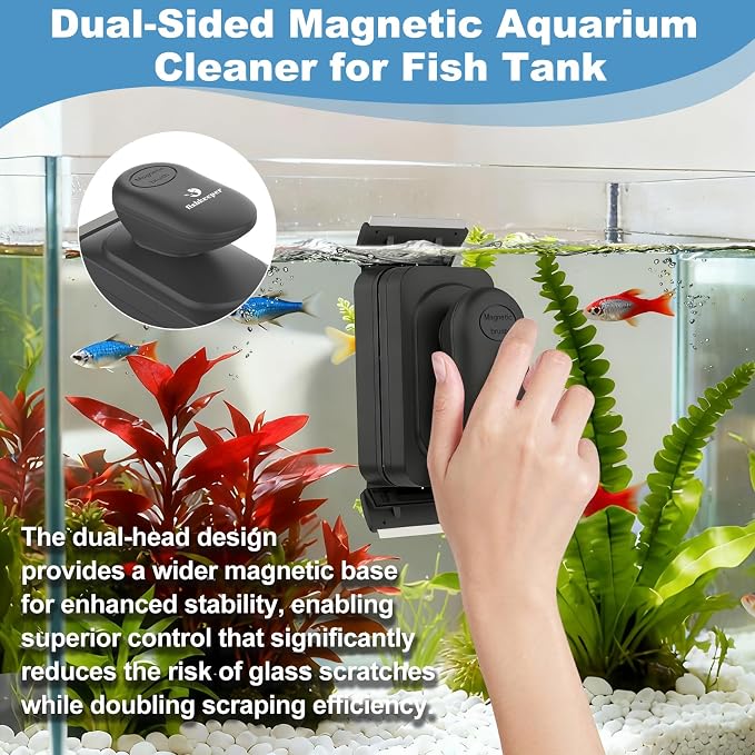 fishkeeper Dual-Blades Magnetic Aquarium Glass Cleaner with 4 Algae Scraper | 2-In-1 Floating Scrubber, Double Side Magnetic Fish Tank Cleaner for 0.6-0.8 Inch Thick Glass & Acrylic Aquarium Tanks (XL)