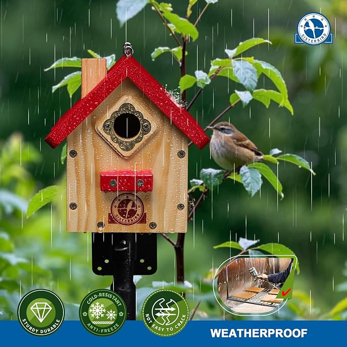 SISTERBIRD Wren Bird House, Premium Wooden Bird Houses for Outside, Classic Cabin Design Birdhouses for Outdoors, Hanging Bird House, Red-Breasted Nuthatch Wren Chickadee