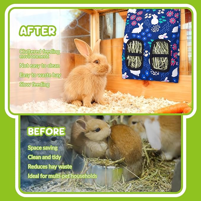 3 Pcs Rabbit Hay Feeder, 2-Hole Hanging Guinea Pig Hay Bags Washable Bunny Hay Bag for Rabbits, Chinchillas, Hamsters, Small Pets and Animals (11.8"×8.7")