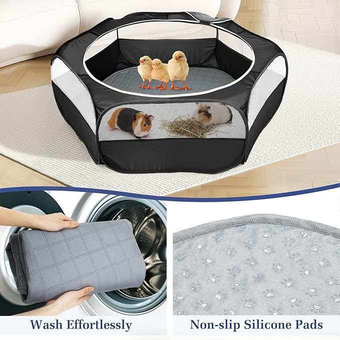 2-in-1 Small Animals Playpen with Pad, Waterproof Small Pet Cage Tent with Reusable Pad, Portable Outdoor Yard Fence with 3 Metal Rod for Chick/Kitten/Puppy/Guinea Pig/Rabbits/Chinchillas, Black+Gray