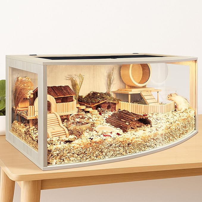 Prolee Hamster Cage Chew Proof Wood, Hamsters Enclosure Openable Top with Curved Design,Waterproof Small Animals Cage with Acrylic Sheets for Gerbils,Hamster Habitat(32 Inches)
