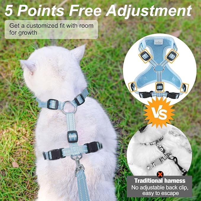 BEAUTYZOO Cat Harness, Escape Proof Cat Leash and Harness Set for Walking, Soft Breathable Vest Harness with Neck Adjustable, Reflective Easy-Control Kitten Harness for Cats,Shark-Blue S