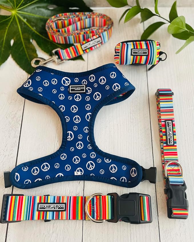 Lucky Love Dog Combo Set,Rainbow Dog Collar & Leash Set for X-Small Dogs, Colorful Matching Collar and Leash Set for Girl or Boy Dogs, Rainbow Stripes Hippie Combo, XS