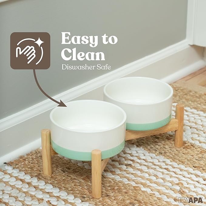 Ilyapa Ceramic Dog Bowls - Elevated for Medium Sized Pet with Raised Food and Water Set - Green Double 6 inch, 28 Oz Bowls & 13x6.3x5.5 Wooden Stand